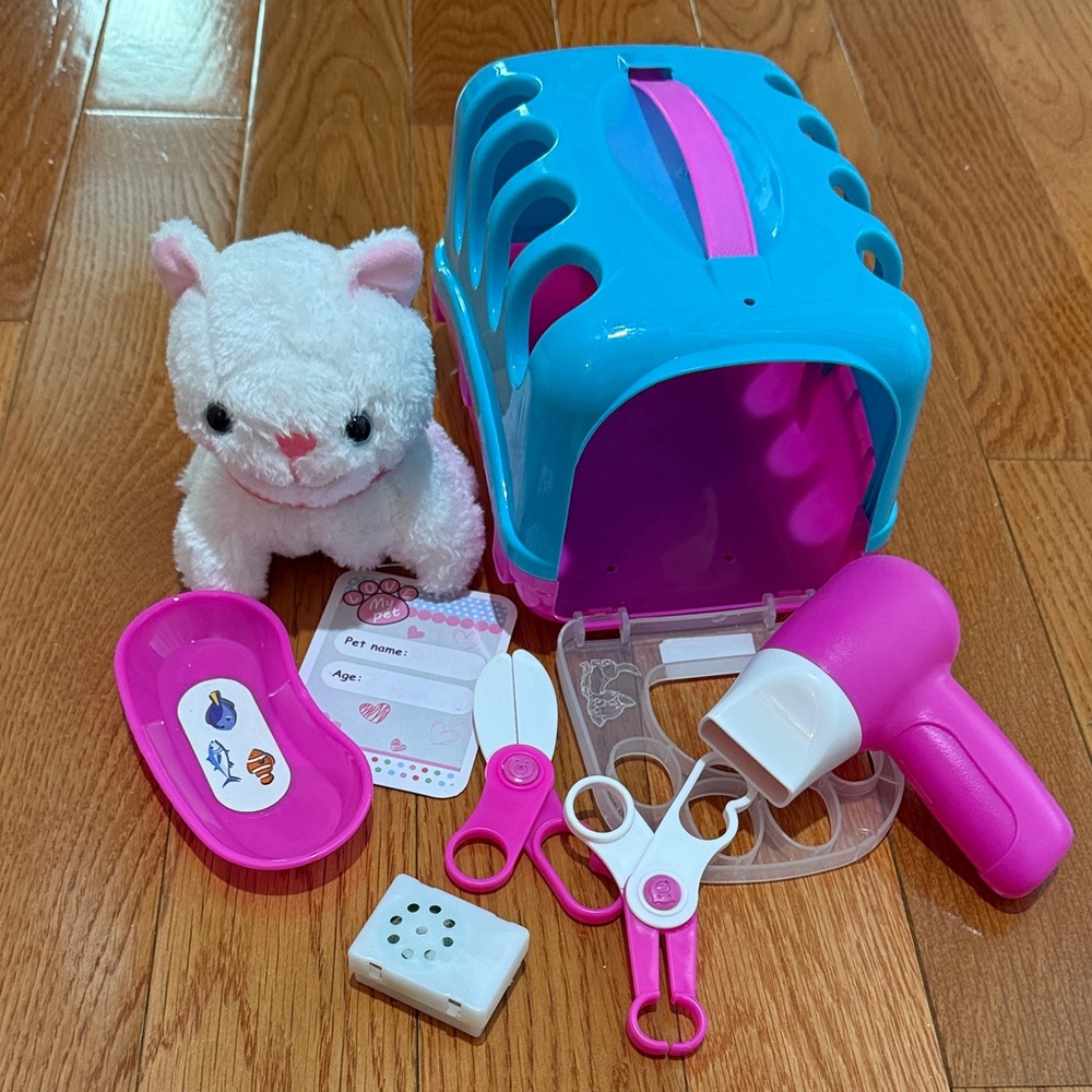 🐈 Kitty-cat Grooming Playset with Carrier and Accessories - Pink and Blue